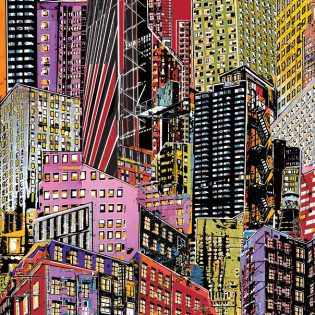 68" x 38" City with Orange Sky, Original