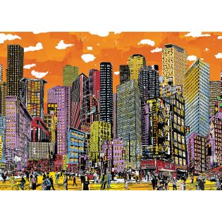Big City w Orange Sky, Print on aluminum w gloss varnish in black floater frame