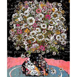 White, Black and Pink Flowers, 54" x 44", Original