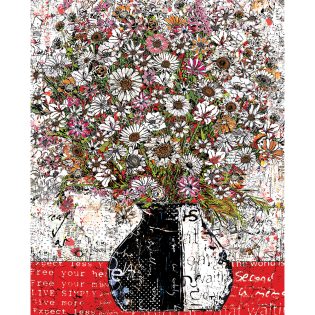 White Flower Bouquet, Print on aluminum, gloss varnish in black solid wood floater frame